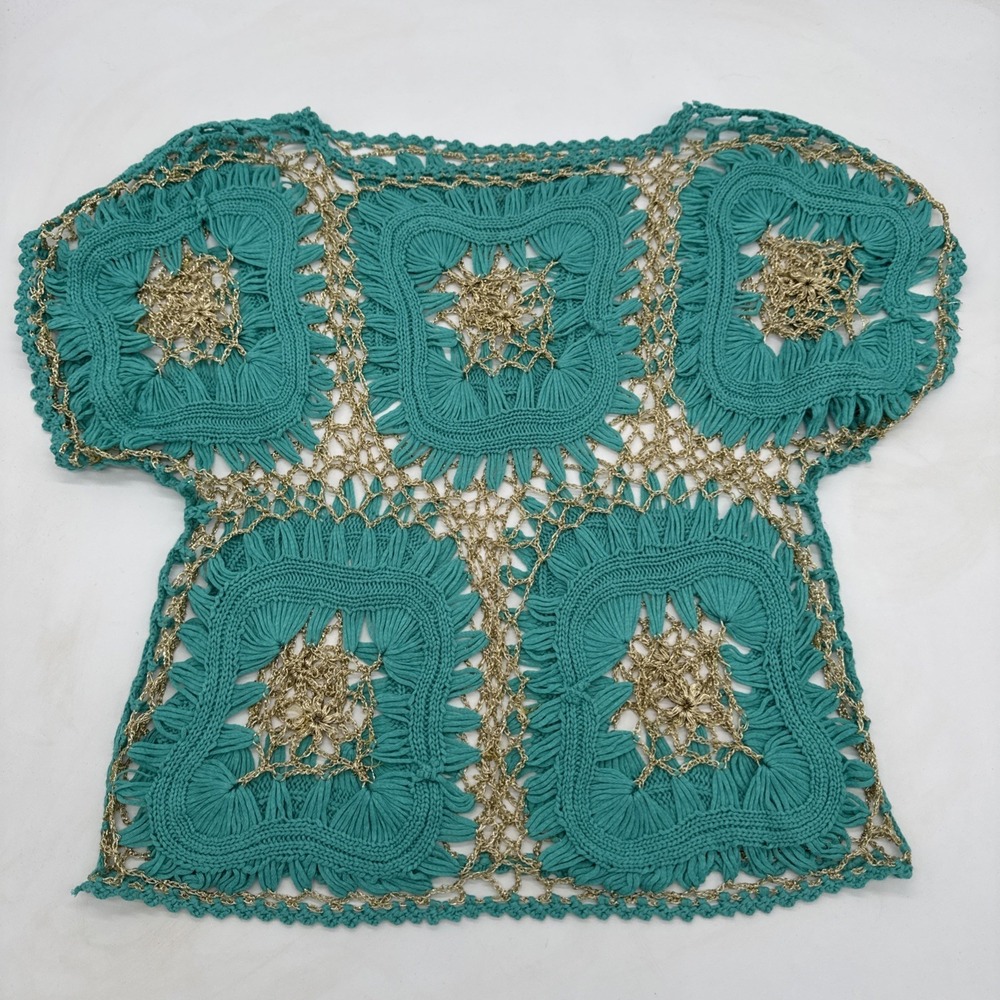 Vintage Crochet Sweater Top Boho Small Aqua With Gold Beading To Look Like Chain